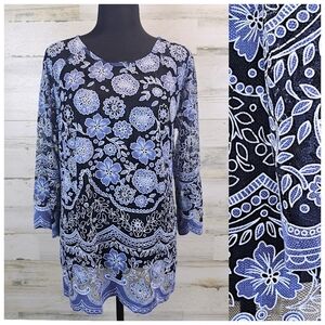 John Mark Mesh Lace Top Medium Y2K Blue Black Sheer Floral Blouse Boho Fairycore